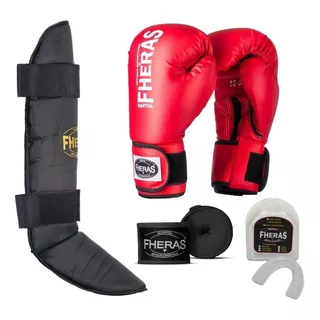 Kit Muay Thai  Box Luva +  Bucal + Bandagem + Caneleira