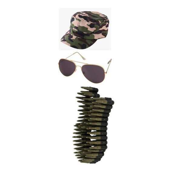 Combo Disfraz Militar Cinturon De Balas Gorra Lentes Aviador