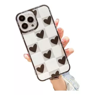 Funda Para iPhone Con Corazones Y Cuadros + Cristal Templado