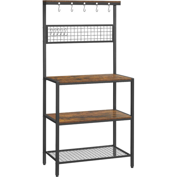 Gomyhome Kitchen Bakers Rack With 10 Movable Hooks, 3-tier Microwave Oven Stand With Storage For Cooking Utensils, Industrial Style Kitchen Storage Shelves Brown
