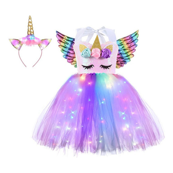 #3pcs Vestido De Princesa Unicornio Con Luz Led Y Diadema Pa