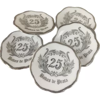 Lembrança 3 Mini Pratinhos Bodas De Prata 25 Anos 4,5cm