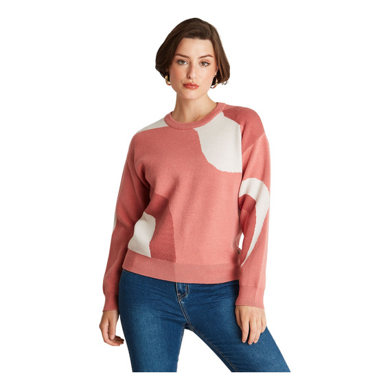 Sweater Cuello Redondo Con Diseño Rosado