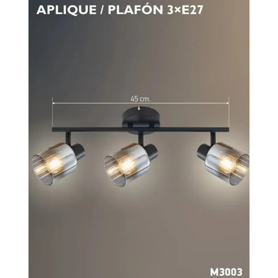 Aplique 3 Luces Negro Vidrio Fume Apto Led E27 Mks Negro/vidrio Fume
