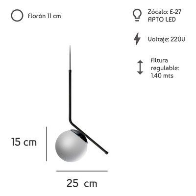 Colgante 1 Luz Ballon Negro Vidrio Opal Apto Led E27 Deco