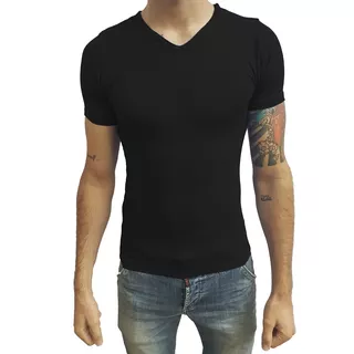 Camiseta Slim Fit Básica Gola V Viscolycra Manga Curta Sjons