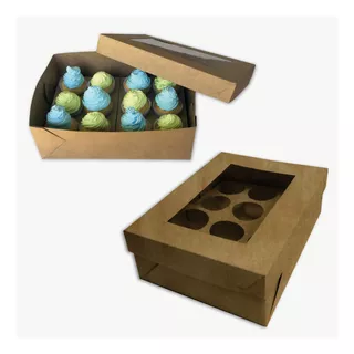Cajas Para 12 Cupcakes Kraft Pack X 25 Unid Con Cuna Y Visor