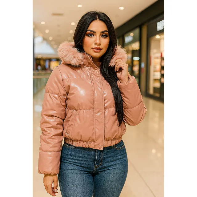 Jaqueta Puffer Feminina Cropped Couro Forrada Capuz Pelinho