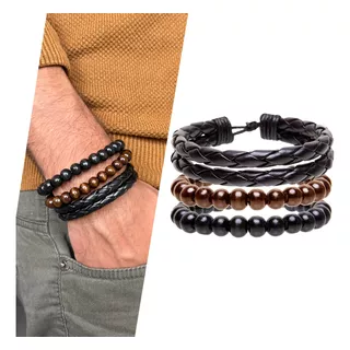 Combo Pulseiras Masculinas Couro Contas Regulável C/3