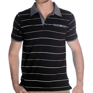 Camisa Polo Listrada Masculina Manga Curta Com Patch