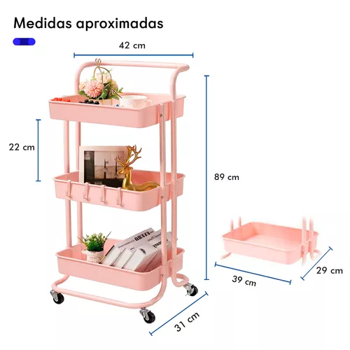 Carrito Auxiliar Organizador Multi-usos 3 Niveles Ruedas 360 Color Rosa