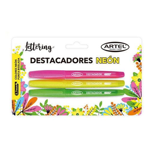 Destacador 3 Unidades Punta Biselada 3,7mm Artel Color Neon