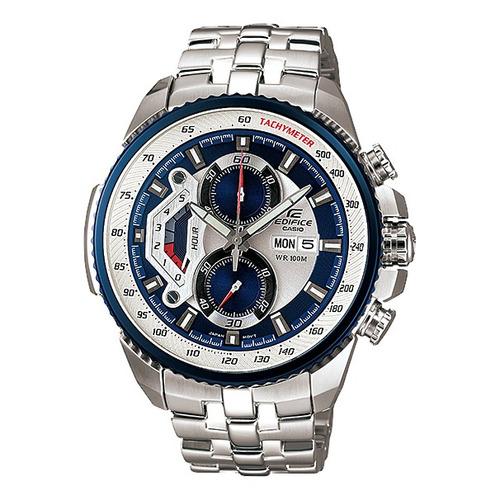 Reloj pulsera Casio EF-558 con correa de acero inoxidable color plateado - fondo blanco/azul