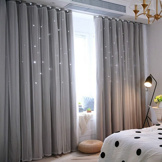 Cortinas Grises Blackout Largas 275x241cm Con Estrellas,2pzs