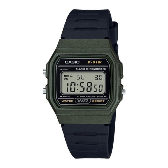 Reloj de pulsera Casio Collection F-91WG-9QDF-SC de cuerpo color verde, digital, para hombre, fondo gris, con correa de resina color negro, dial negro, minutero/segundero negro, bisel color verde y he