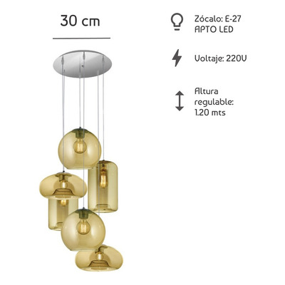 Colgante 6 Luces Desigual Ambar Base Redonda Apto Led E27