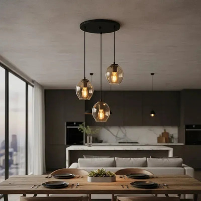 Colgante 3 Luces Ástrid Ambar Base Redonda 30cm Apto Led E27 Ámbar