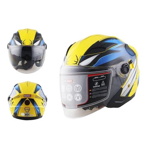 Casco Moto Edge Marvel X Men Wolverine 3/4 Certificado Dot Color Amarillo/Azul/Negro Brillo Tamaño del casco XL(61-62 cm)