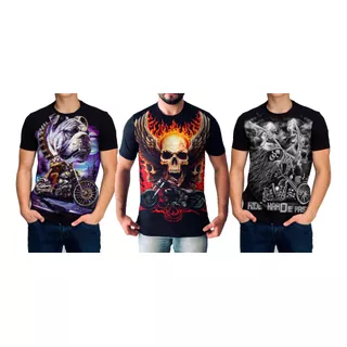 Kit 3 Camisas Moto Motoqueiro Skull Rock Camiseta Masculina