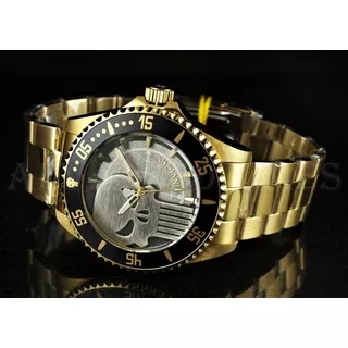 Invicta 29694 Marvel Punisher 44mm Edição Limitada Dourado Cor Do Bisel Preto Cor Do Fundo Preto