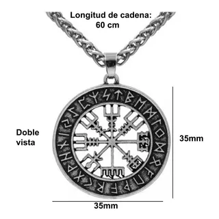 Set Pulsera De Cuero Y Collar Brújula Vegvisir Vikingo Hombr Color Negro/plata Largo 60 Cm