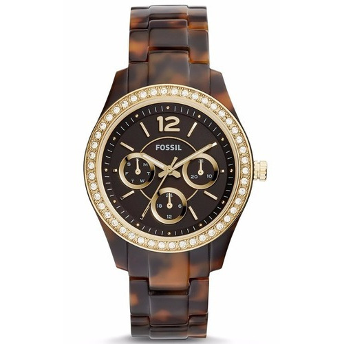 Reloj Fossil Es3814 Para Mujer Am/pm Fechador Doble Color de la malla Negro Color del bisel Dorado Color del fondo Negro