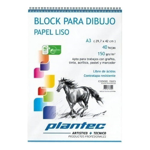 Block Para Dibujo 150 G A3 Plantec 40 Hojas Espiral 15623 Color Blanco
