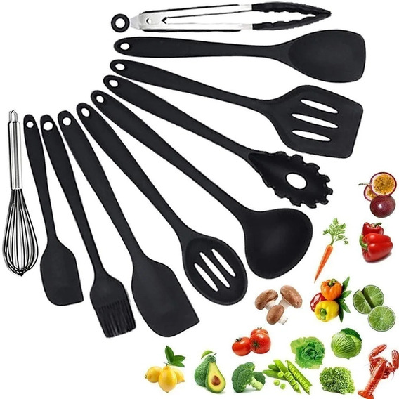 Utensilios De Cocina De Silicona Antiadherente Negra, 10 Pzs