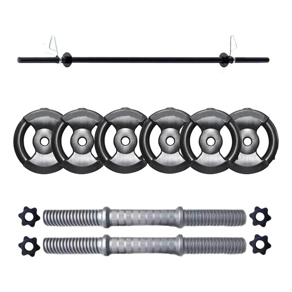 Barra + 2 Mancuernas Tope A Rosca + 30 Kg En Discos Kit Set Color Negro Acanalado 6 de 5