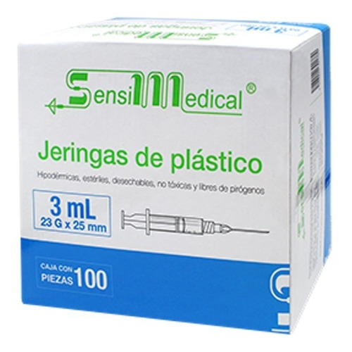 Jeringa Sensimedical 3ml C/aguja 23gx25mm Azul Caja C/100pz Capacidad en volumen 3 cc