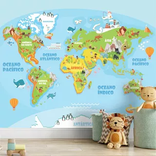 Papel De Parede Infantil Mapa Mundi Zoo Safari Painel G1172