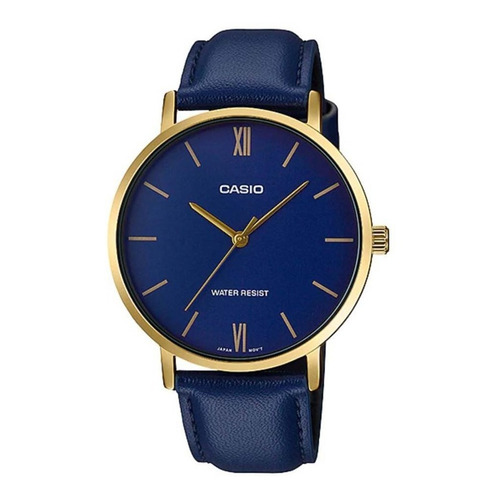 Reloj de pulsera Casio Dress MTP-VT01 de cuerpo color dorado, analógico, para hombre, fondo azul oscuro, con correa de cuero color azul, agujas color dorado, dial dorado, bisel color dorado y hebilla simple