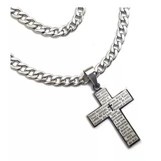 Crucifixo Pai Nosso Alto Relevo + Cordão Italiano 60 Cm Aço