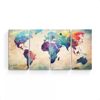 Cuadro Grande Mapamundi Color Acuarela Mapa Planisferio Arte
