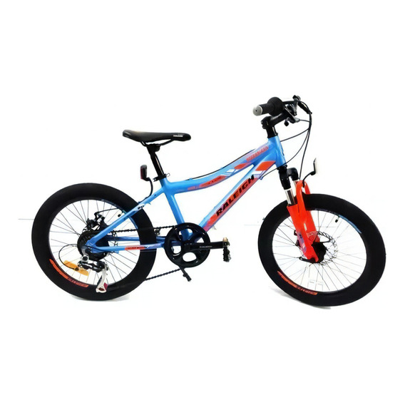 Mountain bike infantil Raleigh Rowdy R20 XS 7v frenos de disco mecánico cambios Shimano y Shimano Tourney TZ400 color azul/naranja/negro con pie de apoyo  