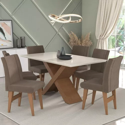 Conjunto Mesa De Jantar 6 Cadeiras Nairóbi Cinam/off/bege-ma Cor  Cinamomo/off White/bege 03