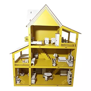 Kit Casa De Boneca + 30 Moveis Em Mdf Pintado Cor Amarela