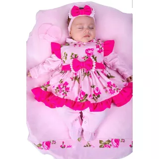 Saida De Maternidade Menina Rosa Floral 05 Peças Pompom Azul