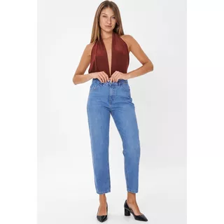 Jean Mujer Rigido Mom Fit Clasico Ó Roturas Tiro Alto