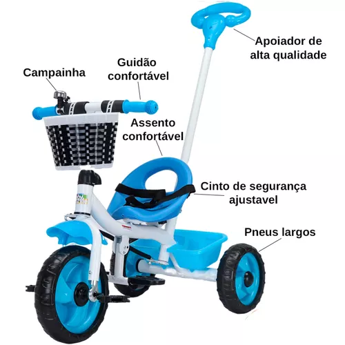 Motoca Infantil Triciclo Azul Som E Pedais Velotrol Empurrar