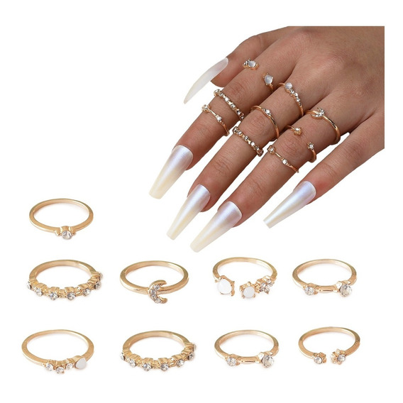 Set 9 Anillos Dorados Luna Estrella Anillo Strass Bijouterie