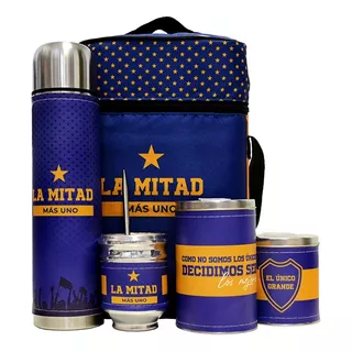 Equipo De Mate Completo Azul Y Oro Cuero Set Kit Matero 