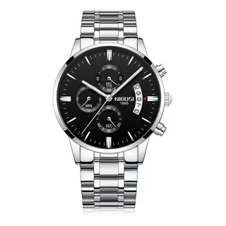 Reloj Negro Hombre Nibosi Alta Calidad Calendario Metal