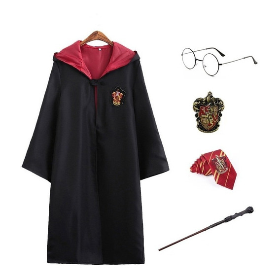 Túnica Mágica Bordada Para Cosplay De Harry Potter. 5 Piezas,bata Mágica + Corbata + Varita Mágica + Gafas +brooch