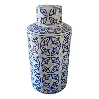 Vaso Pote Decorativo Porcelana Branco E Azul A30 D14