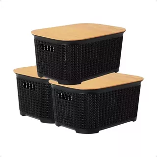 Set X3 Canastos Organizadores Simil Rattan Con Tapa Madera