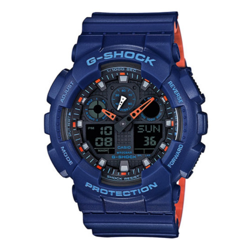 Reloj pulsera Casio G-Shock GA100 de cuerpo color azul, analógico-digital, para hombre, fondo negro, con correa de resina color azul y naranja, agujas color naranja y negro, dial gris, negro y naranja, subesferas color gris, minutero/segundero celeste, bisel color azul y hebilla doble