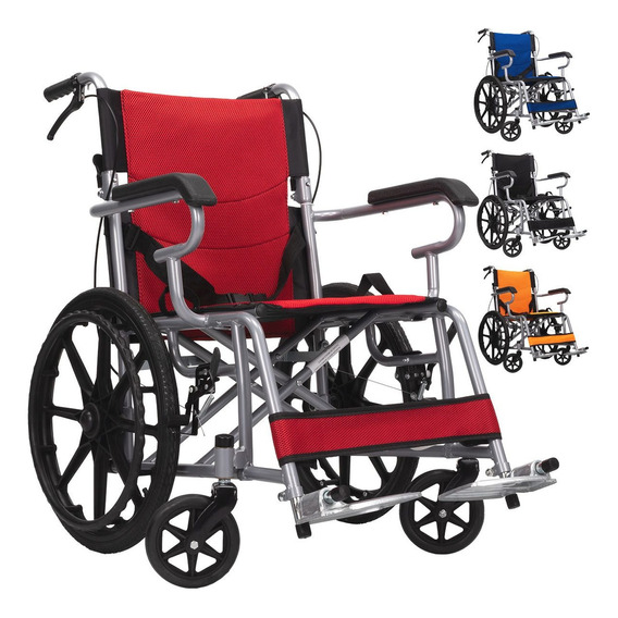 Silla De Ruedas Ligera Traslado Plegable Compacta Con Freno Color Rojo