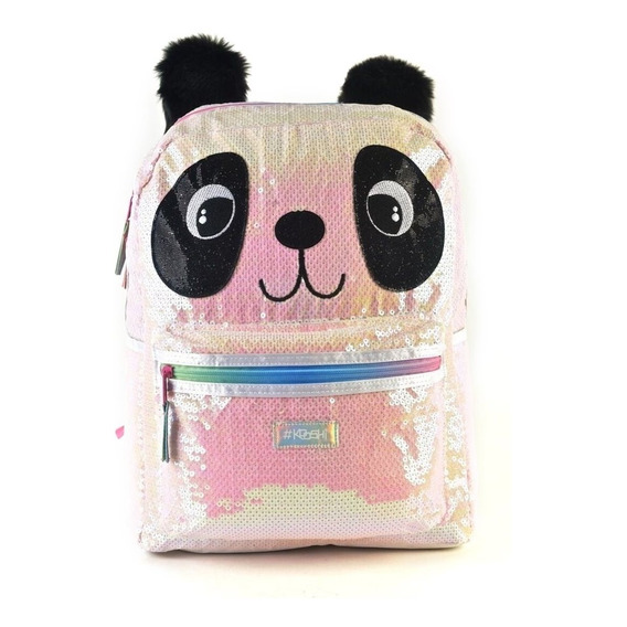 Mochila Espalda 15p Panda Lentejuelas Peluche Kooshi 91328 Color Blanco