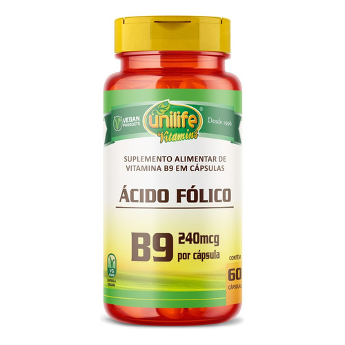 Vitamina B9 Ácido fólico 60 cápsulas 500 mg - Unilife
